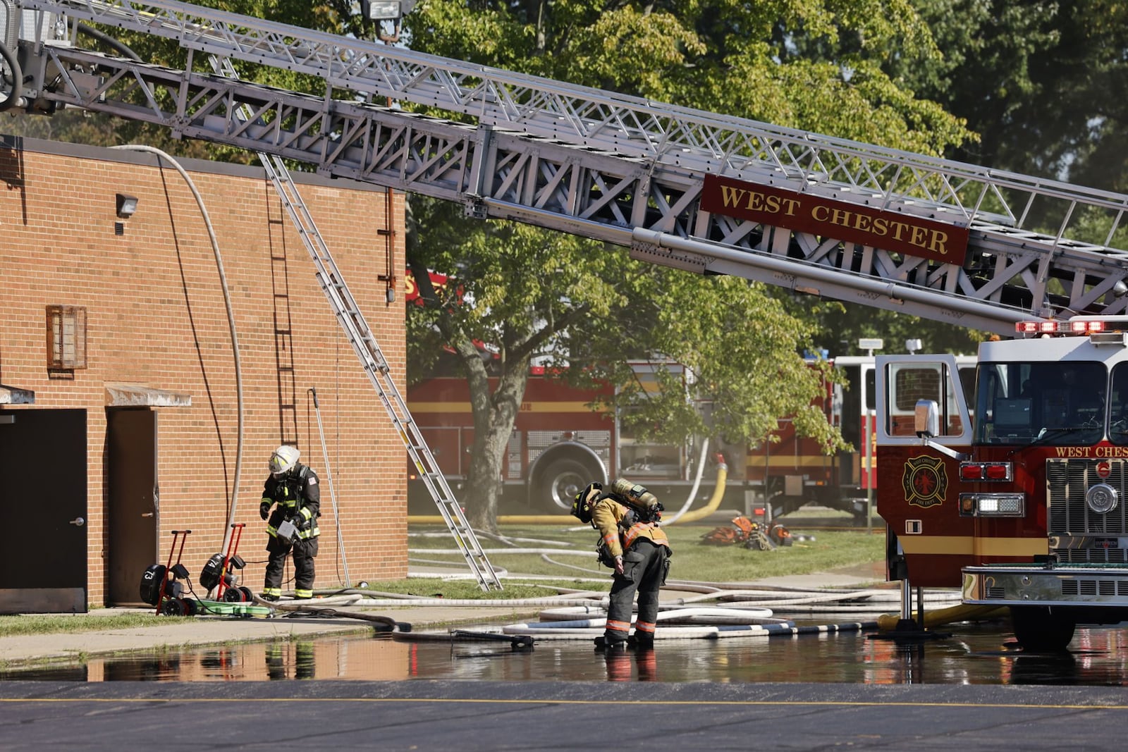 Crews from multiple departments were called to a fire at Lakota's Hopewell Junior School Monday, Sept. 4, 2023 on Cox Road in West Chester Township. NICK GRAHAM/STAFF