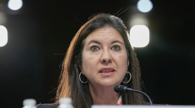 FILE - Adriana Kugler speaks during a Senate Banking, Housing and Urban Affairs Committee hearing to examine her nomination to be a member of the Board of Governors of the Federal Reserve System, June 21, 2023, on Capitol Hill in Washington. (AP Photo/Mariam Zuhaib, File)