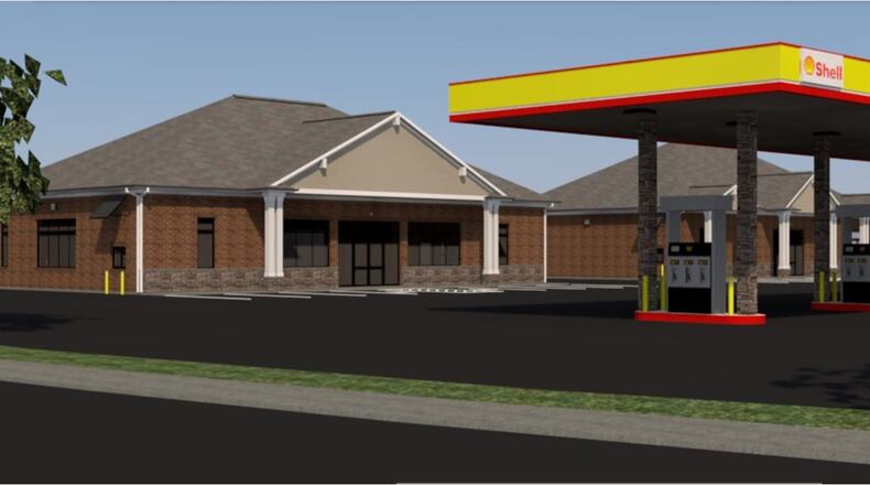 A gasoline canopy that shelters four refueling pumps and two business buildings, each with a drive-thru window, is planned for what now is an undeveloped lot at Central Avenue and Knightsbridge Drive. PROVIDED