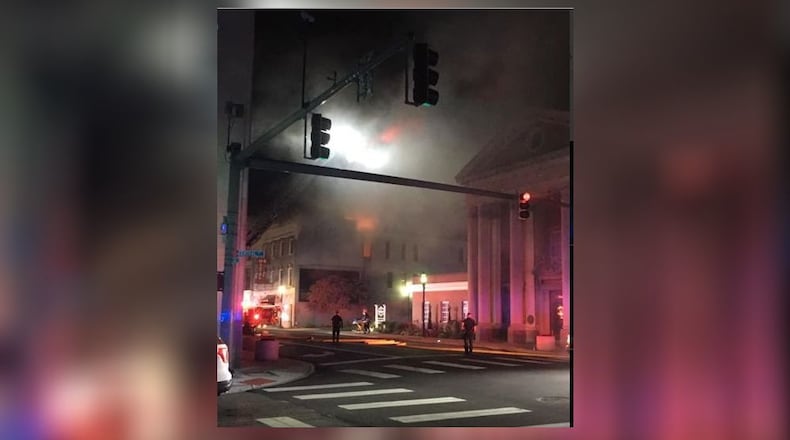 A motorist passing by heard glass breaking and the fire at the vacant U.S. Hotel, 34 S. Main St., Middletown and called 911 early Saturday morning. Middletown firefighters responded to the blaze which was on the second and third floors of the building. One man who was sleeping in a room on the second floor was taken out of the building. The blaze was quickly extinguished and no injuries were reported. CONTRIBUTED/DEBORAH RUMFORD