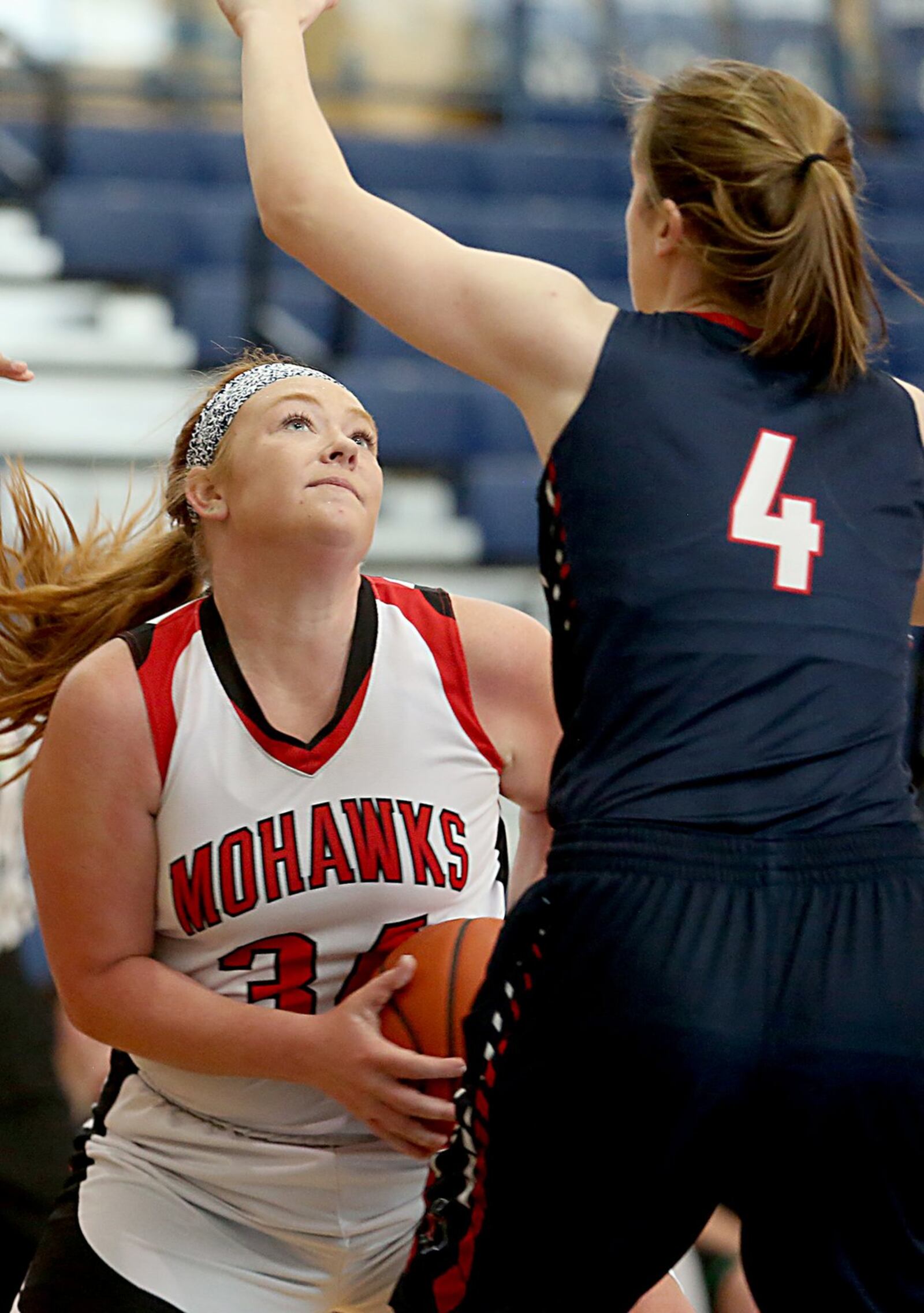 Madison’s Kelli Bush eyes the basket while Talawanda’s Emma Wright applies some pressure during Saturday’s inaugural All-Butler County All-Star girls basketball game at the Hamilton Athletic Center. CONTRIBUTED PHOTO BY E.L. HUBBARD