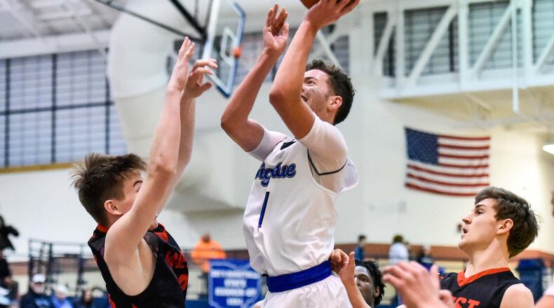 Hamilton’s Jaylen Robinson puts up a shot during a 60-34 win over visiting Lakota West on Jan. 5, 2018, at the Hamilton Athletic Center. game against Lakota West. NICK GRAHAM/STAFF