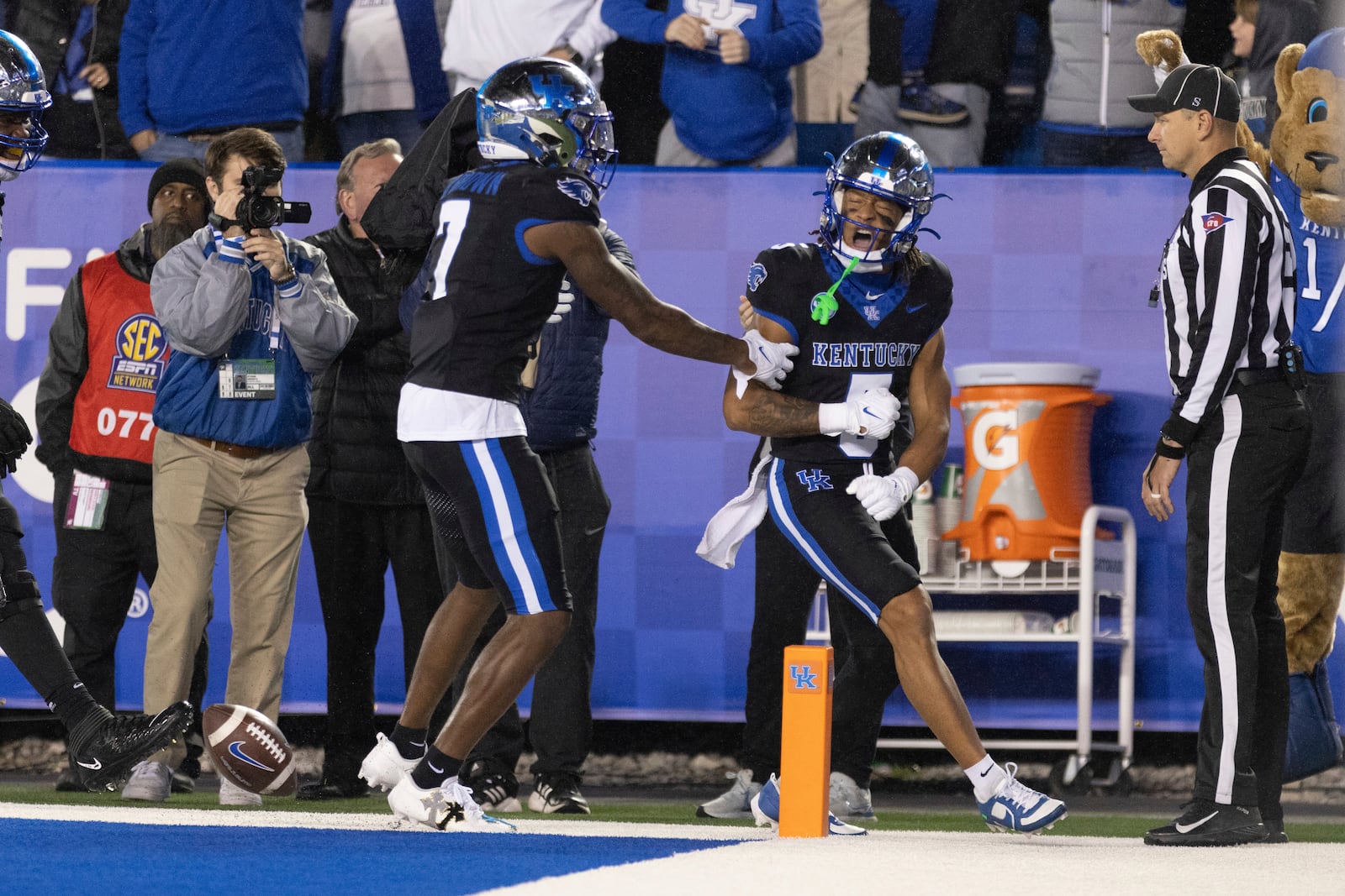Kentucky wide receiver Anthony Brown-Stephens (5) celebrates with wide receiver Barion Brown (7) after scoring a touchdown against Missouri during the second half of an NCAA college football game in Lexington, Ky., Saturday, Oct. 14, 2023. (AP Photo/Michelle Haas Hutchins)