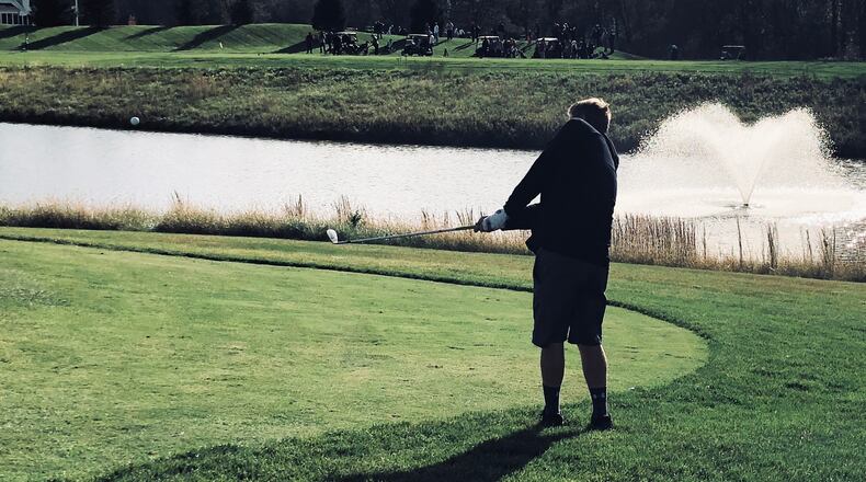 Middletown Christian’s Josh Swartz chips onto a green during the Division III state boys golf tournament at NorthStar Golf Club in Sunbury last weekend. CONTRIBUTED PHOTO