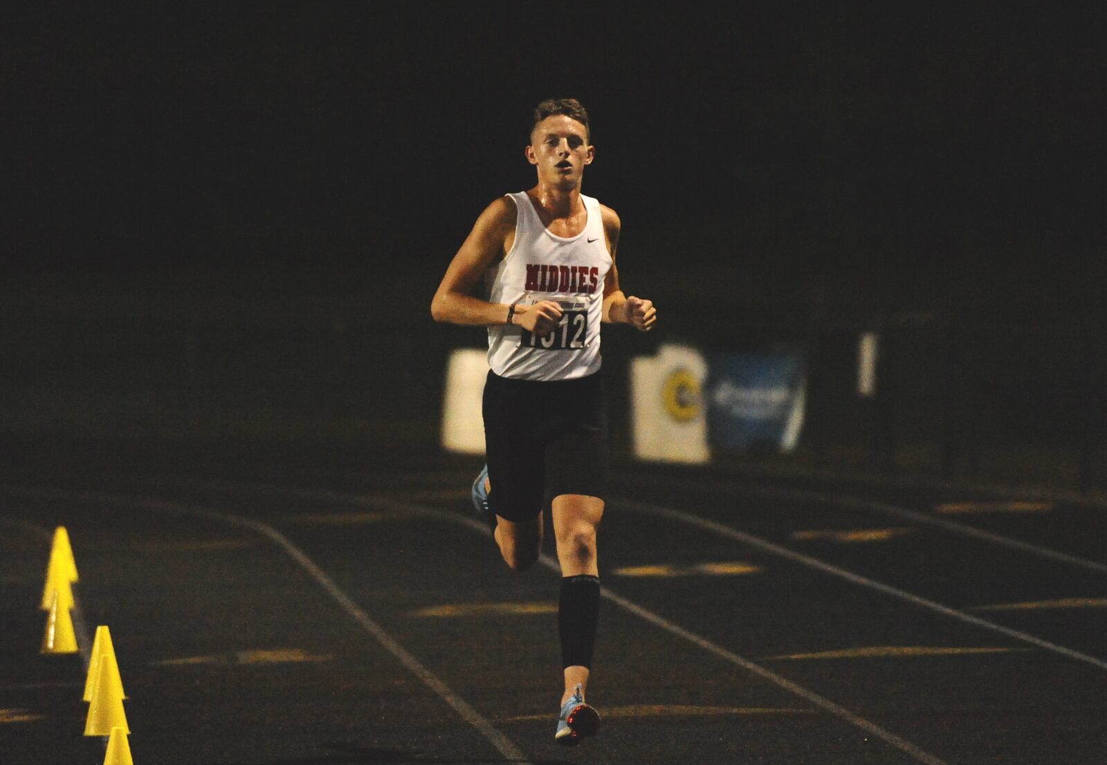 Middletown’s Conant Smith won the Championship race at Centerville’s Saturday Night Lights on Saturday, finishing in 15:08, just shy of the 15:05 course record set by Thomas Worthington’s Arjun Jha in 2016. CONTRIBUTED PHOTO BY GREG BILLING