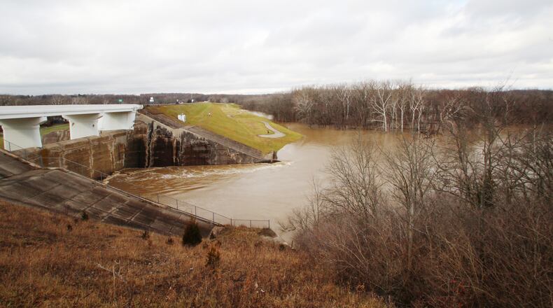 Taylorsville Dam holds back water on Dec. 22, 2013. The storage event over a four-day span in December 2013 is the fifth-largest event on record of total water held back by all the Miami Conservancy District Dams. MIAMI CONSERVANCY DISTRICT PHOTO