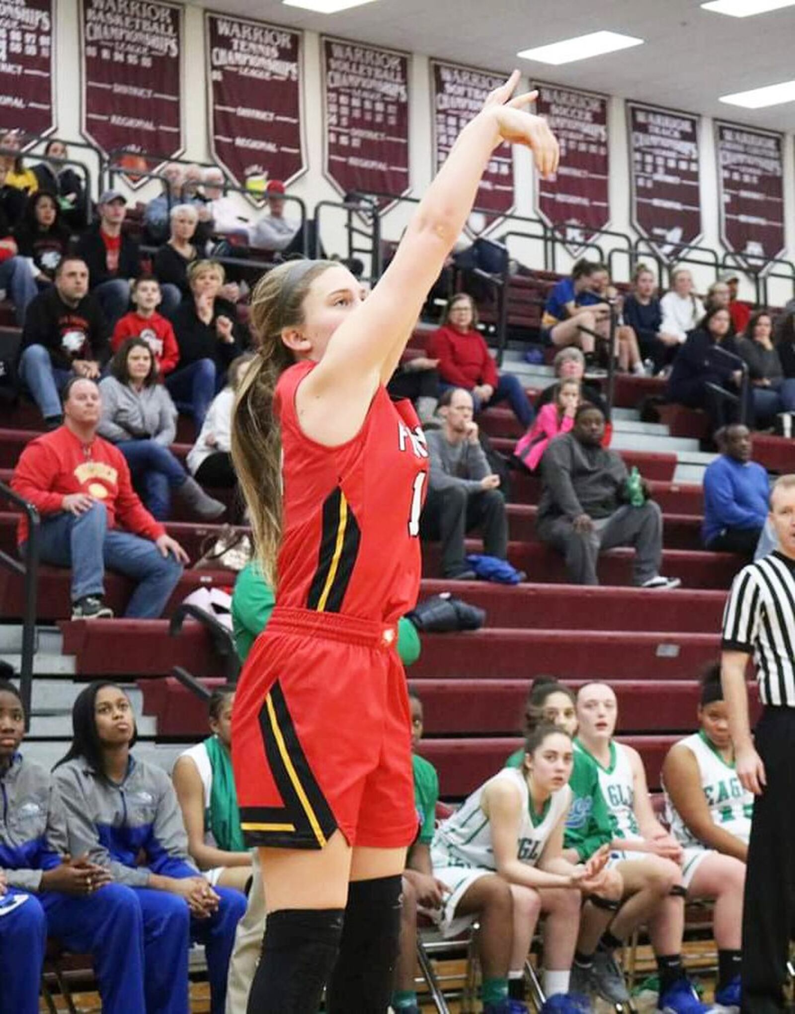 Fenwick’s Hannah Beckman (15) follows through on a jumper during Saturday afternoon’s Division II sectional opener against Chaminade Julienne at Lebanon. Fenwick won 38-35. CONTRIBUTED PHOTO BY TERRI ADAMS