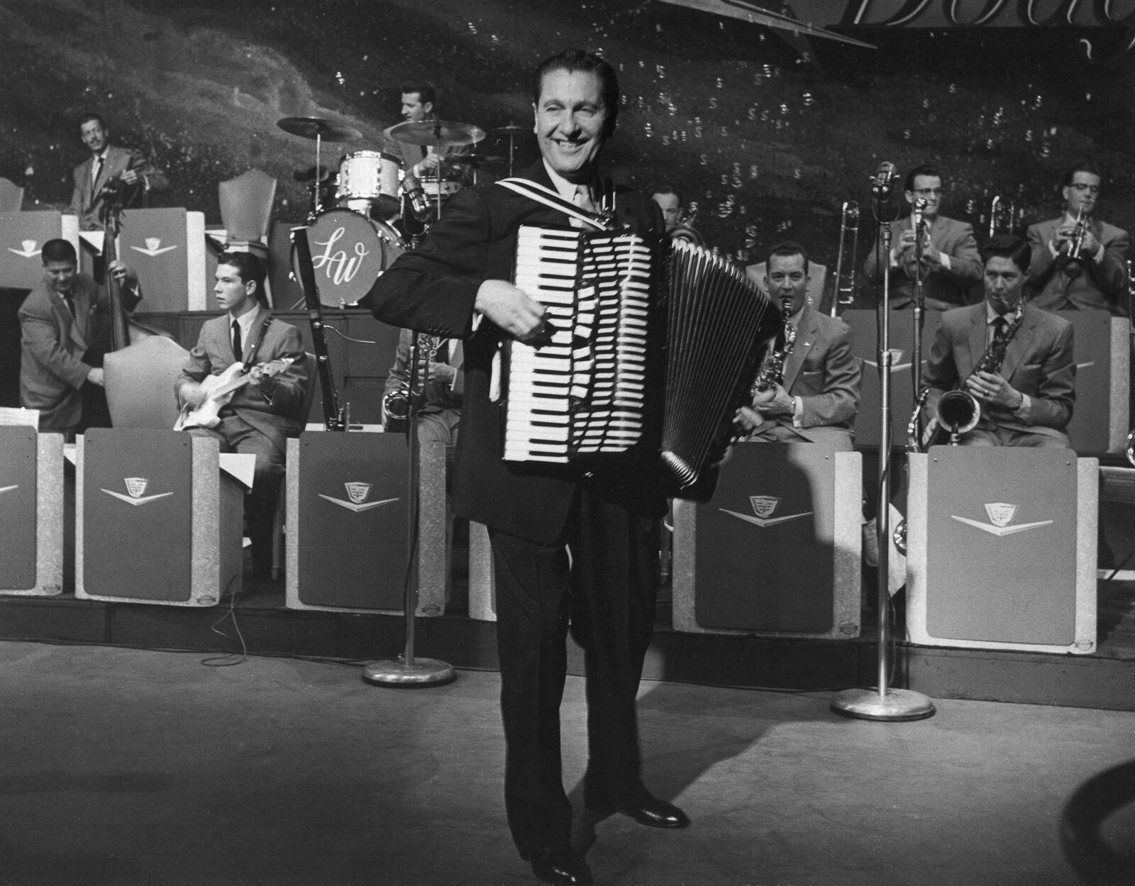 FILE - In this undated 1958 file photo Lawrence Welk leads his big band. (AP Photo/File)