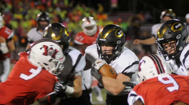 Centerville’s Ross Harmon runs the ball at Wayne on Sept. 29 in a Week 6 contest. The visiting Elks won 39-22. MARC PENDLETON/STAFF
