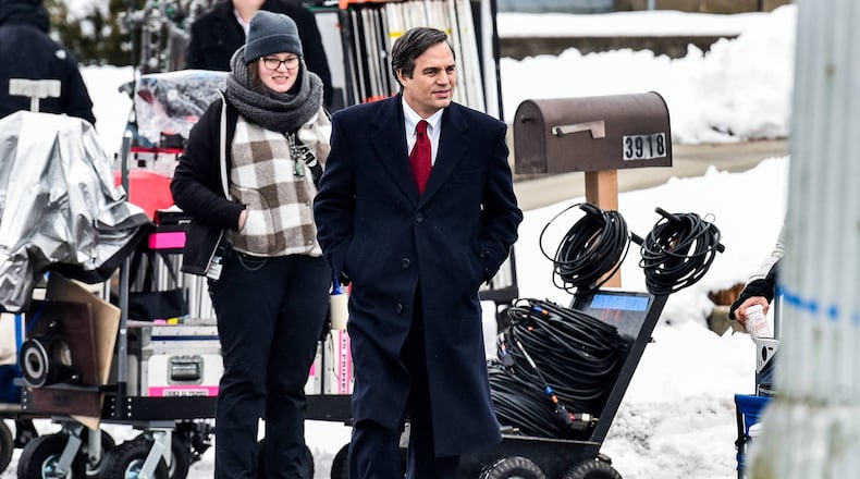 Crews were working in Hamilton Tuesday, Jan. 15 to film scenes for an upcoming Mark Ruffalo (pictured) and Anne Hathaway movie “Dry Run,” which is filming this week in both Hamilton and Cincinnati. The filming in Hamilton’s Highland Park neighborhood is happening along Park Avenue, mainly between Haven and Edgewood avenues. NICK GRAHAM/STAFF