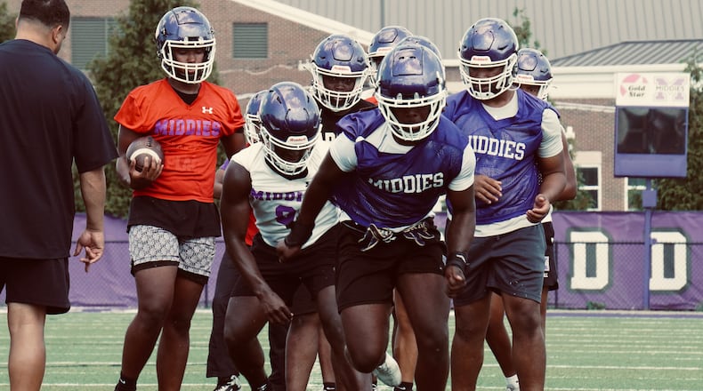The Middletown High School football team runs a drill during practice in July 2024. Photo by Chris Vogt