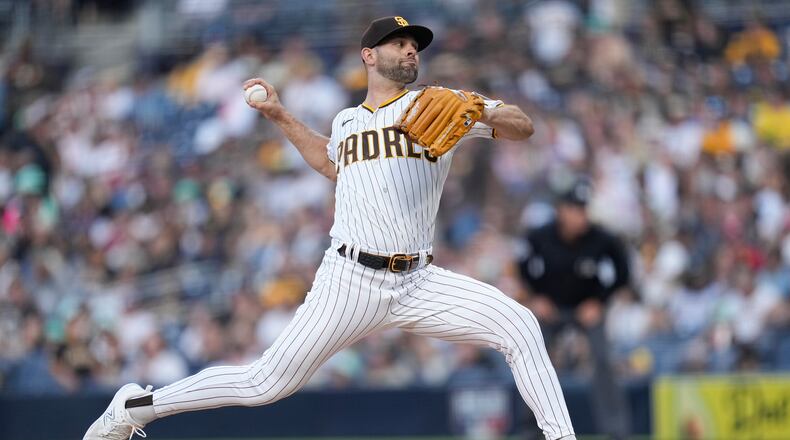 San Diego Padres starting pitcher Nick Martinez works against a St. Louis Cardinals batter during the second inning of a baseball game Saturday, Sept. 23, 2023, in San Diego. (AP Photo/Gregory Bull)