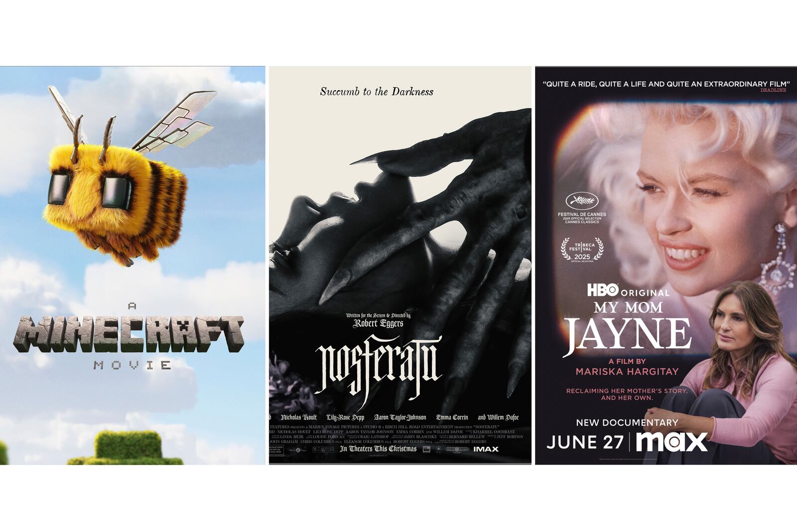 This combination of photos shows promotional art for the film "A Minecraft Movie.," from left, "Nosferatu," and the documentary "My Mom Jayne." (Warner Bros. Pictures/Focus Features/HBO via AP)