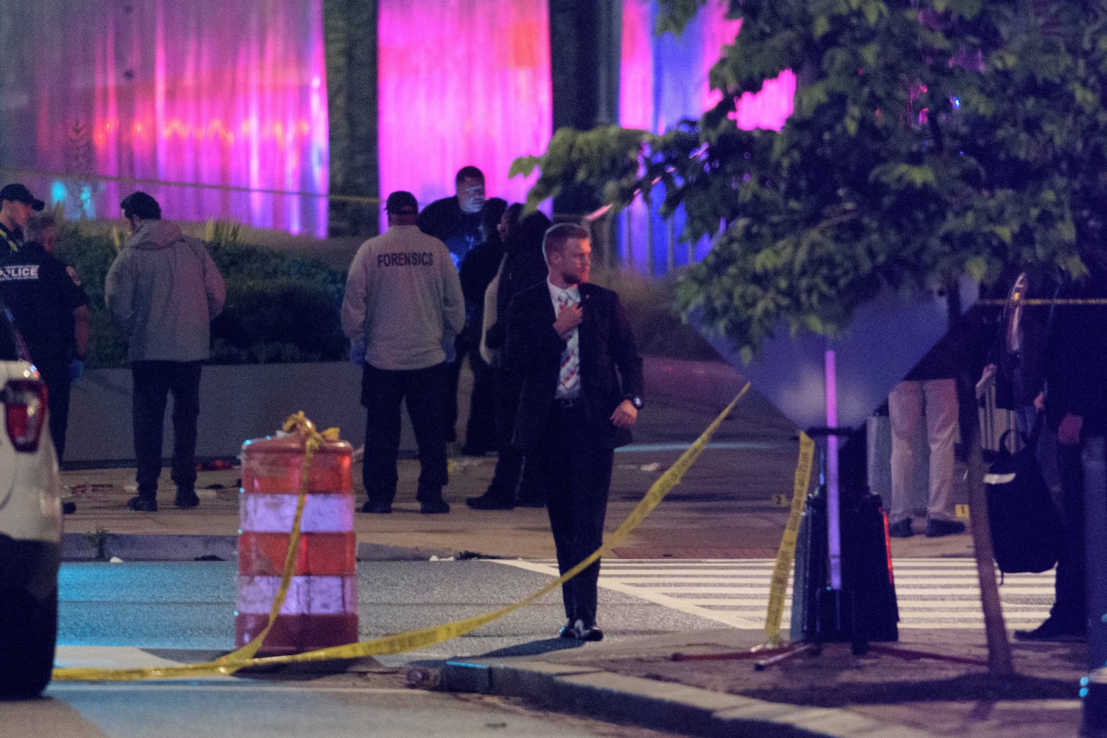Law enforcement work the scene after two staff members of the Israeli Embassy in Washington were shot and killed outside the Capital Jewish Museum, Thursday, May 22, 2025, in Washington.. (AP Photo/Rod Lamkey, Jr.)