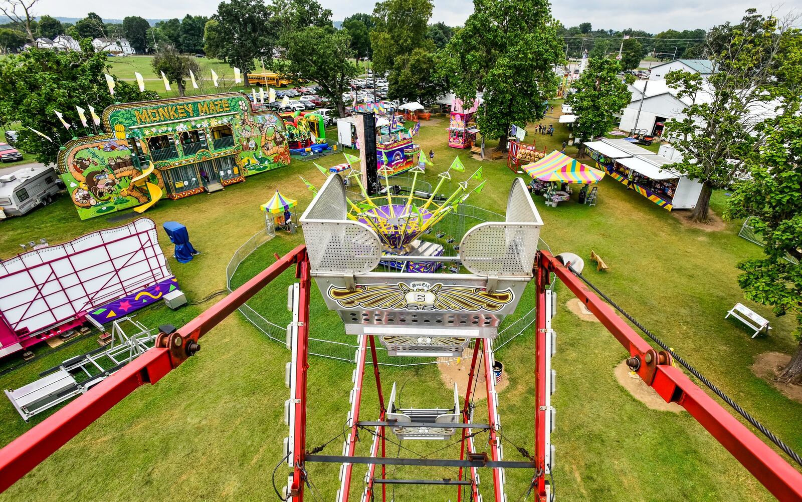 A view from the top of the Ferris wheel as rides are inspected Thursday, July 27, at the Butler County Fair in Hamilton. 