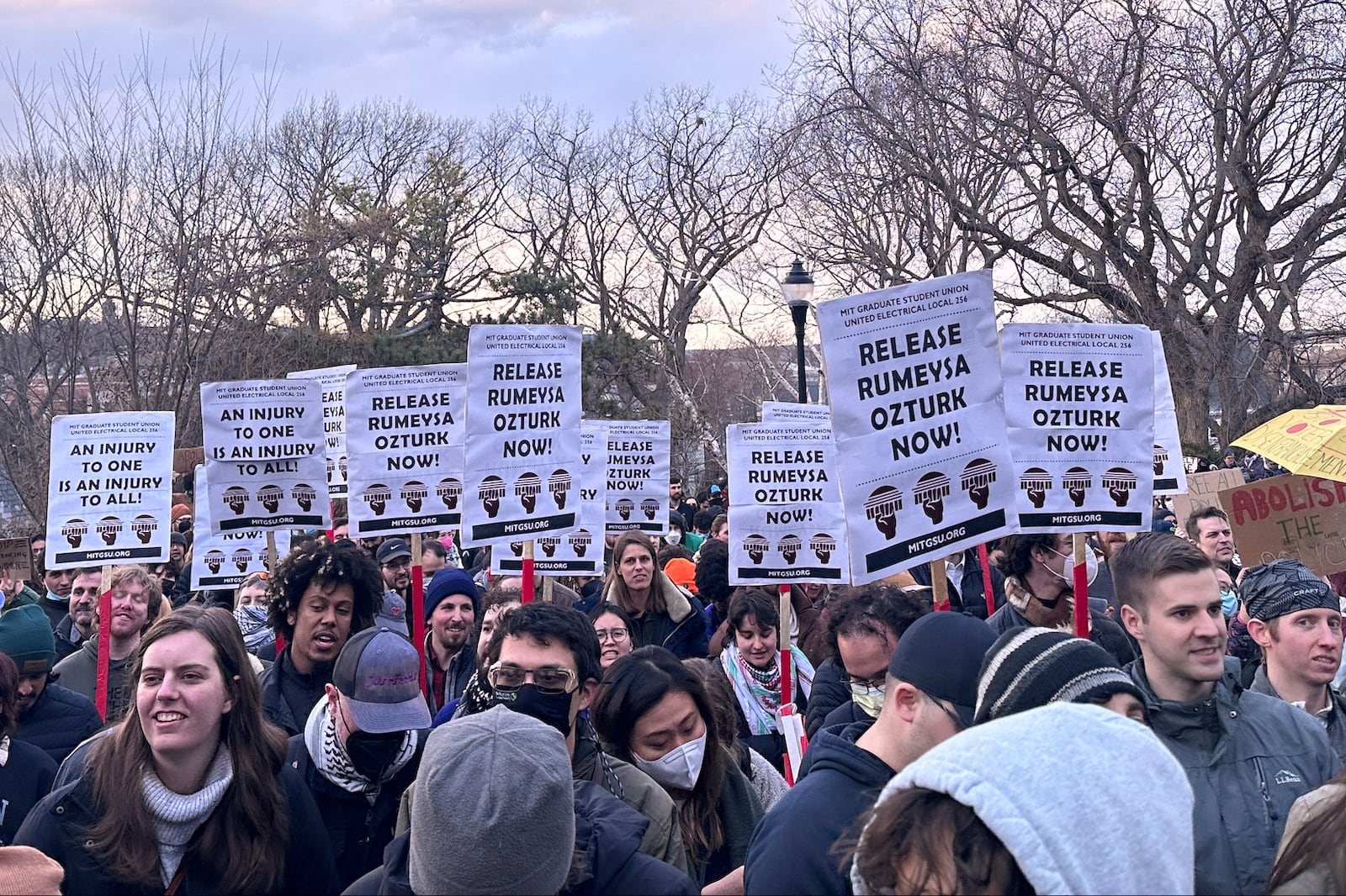 FILE - Hundreds of people gather in Somerville, Mass., on March 26, 2025, to demand the release of Rumeysa Ozturk, a Turkish student at Tufts University, who was arrested by federal agents Tuesday night. (AP Photo/Michael Casey, File)