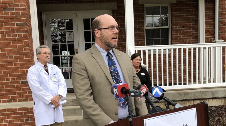 Miami County Health Commissioner Dennis Propes speaks during a news conference March 20, 2020, about the coronavirus outbreak at Koester Pavilion, a skilled nursing facility in Troy. LYNN HULSEY/STAFF