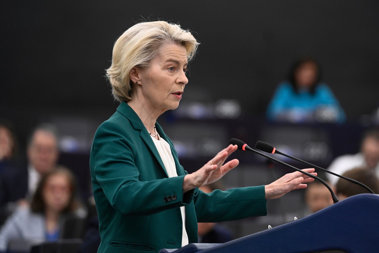 European Commission president Ursula von der Leyen delivers her speech during a statement on the preparation for the EU–China Summit, Tuesday, July 8, 2025 at the European Parliament in Strasbourg, eastern France. (AP Photo/Pascal Bastien)