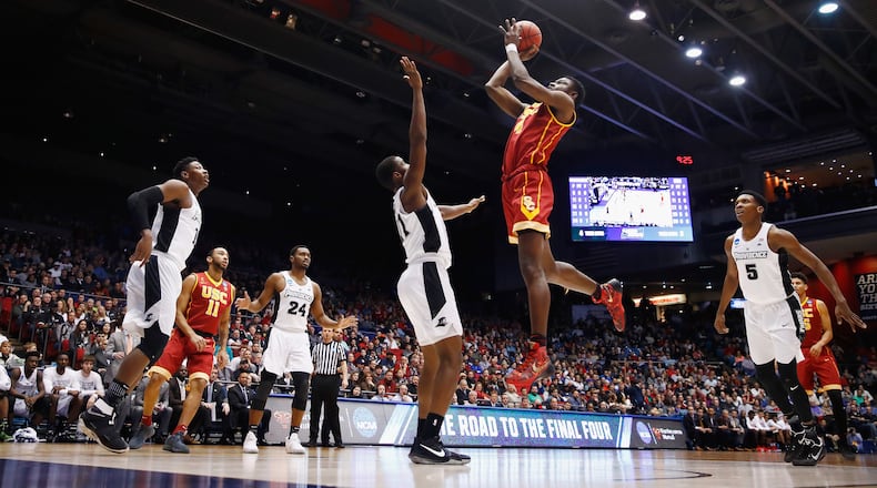 DAYTON, OH - MARCH 15: Chimezie Metu #4 of the USC Trojans shoots the ball in the first half against the Providence Friars during the First Four game in the 2017 NCAA Men’s Basketball Tournament at UD Arena on March 15, 2017 in Dayton, Ohio. (Photo by Gregory Shamus/Getty Images)