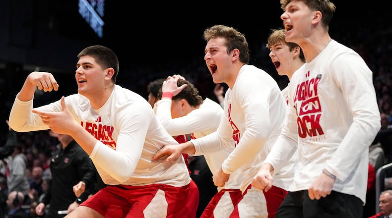 Miami (Ohio) players react on the bench during the first half of a First Four college basketball game against SMU in the NCAA Tournament in Dayton, Ohio, Wednesday, March 18, 2026. (AP Photo/Jeff Dean)