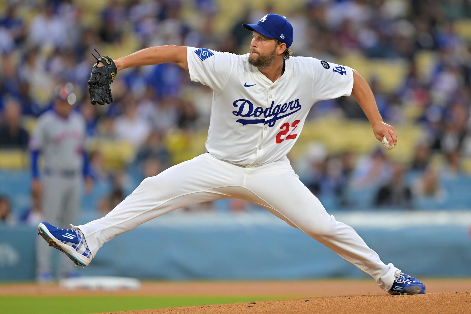 Los Angeles Dodgers starting pitcher Clayton Kershaw delivers to the plate during the first inning of a baseball game against the New York Mets, Tuesday, June 3, 2025, in Los Angeles. (AP Photo/Jayne Kamin-Oncea)