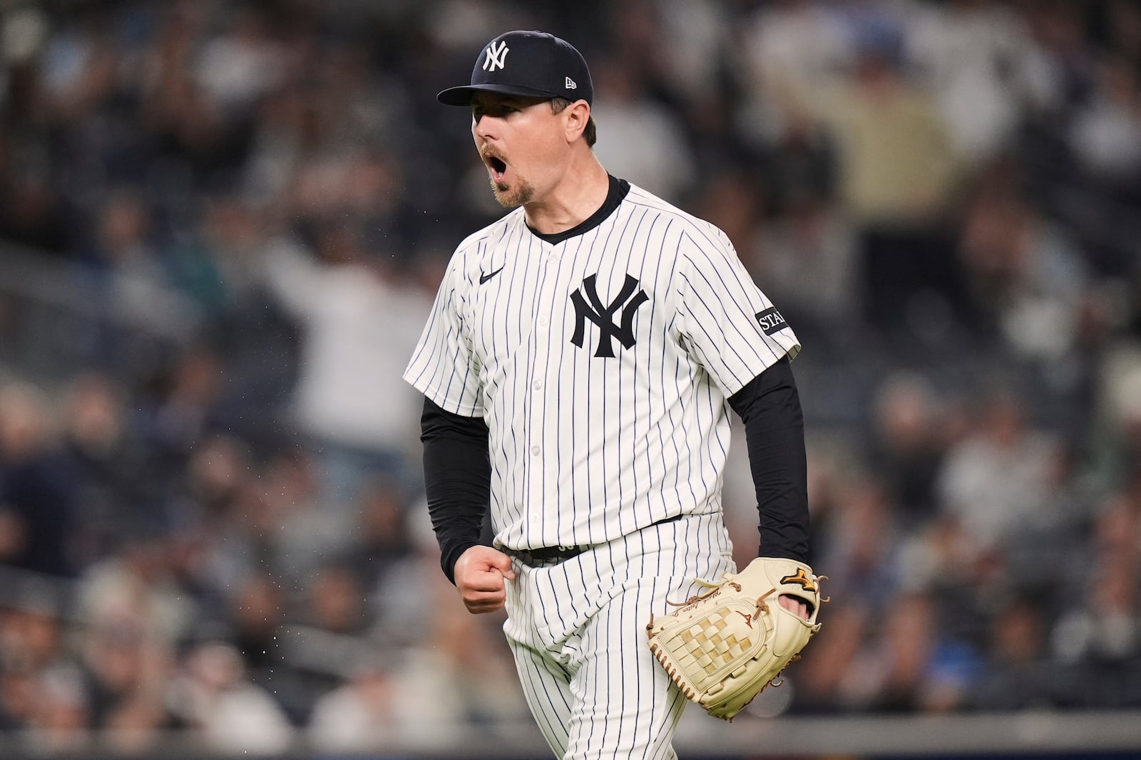 New York Yankees pitcher Mark Leiter Jr. celebrates after striking out Texas Rangers' Joc Pederson during the sixth inning of a baseball game Tuesday, May 20, 2025, in New York. (AP Photo/Frank Franklin II)
