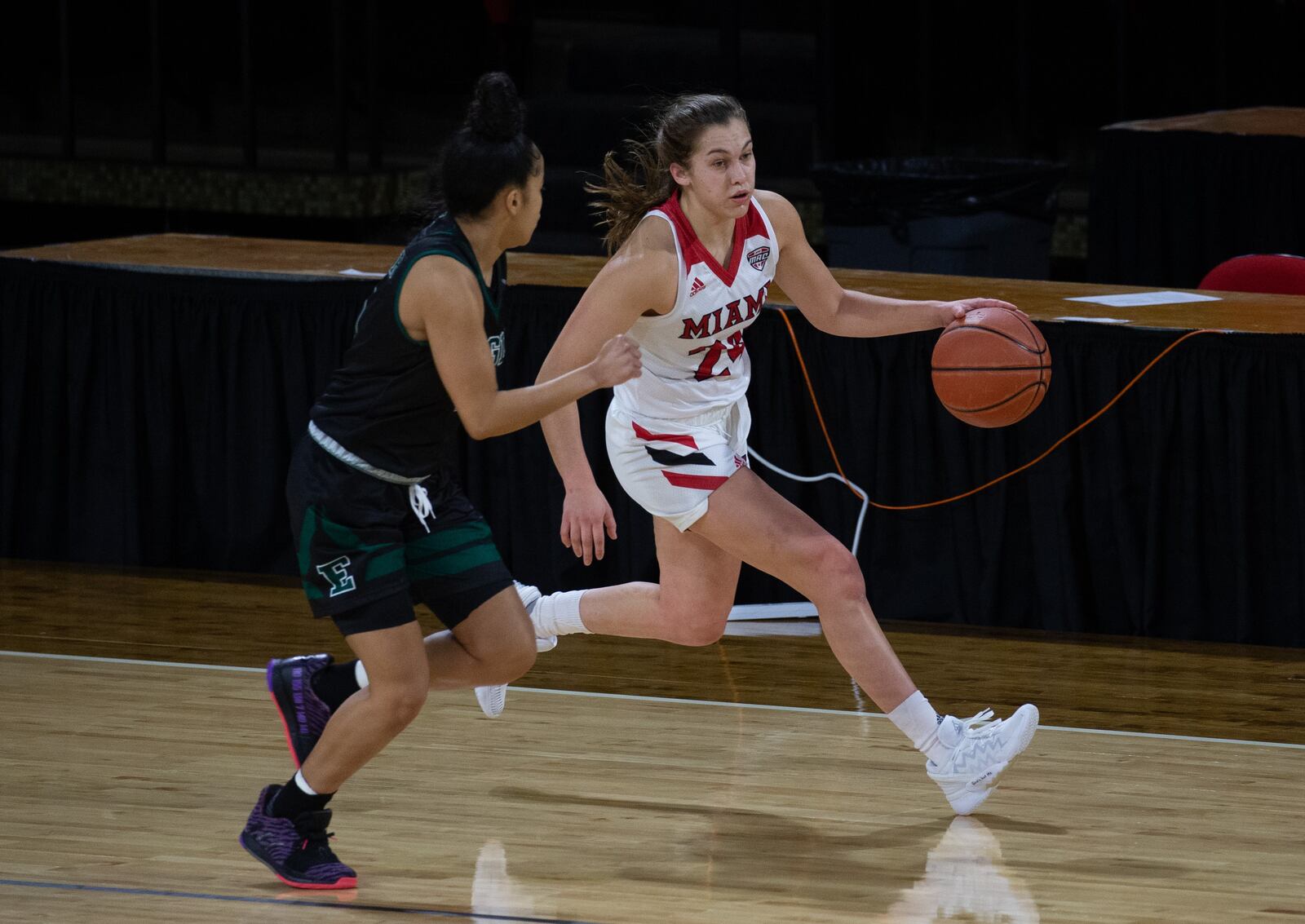 Miami coach DeUnna Hendrx (left) and sophomore guard Peyton Scott. Miami Athletics photo