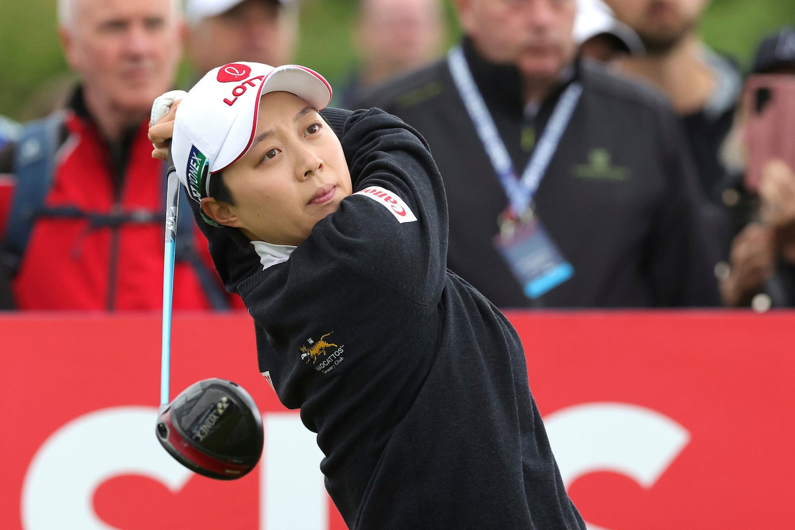 South Korea's Hyo Joo Kim plays off the 1st tee during the Women's Scottish Open at the Dundonald Links, Irvine, Scotland, Sunday July 27, 2025. (Steve Welsh/PA via AP)