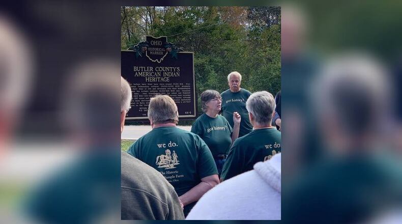 Kathy Creighton of the Butler County Historical Society speaks Saturday about Butler County’s American Indian heritage as an Ohio historical marker is dedicated near her home in Hanover Township. PROVIDED