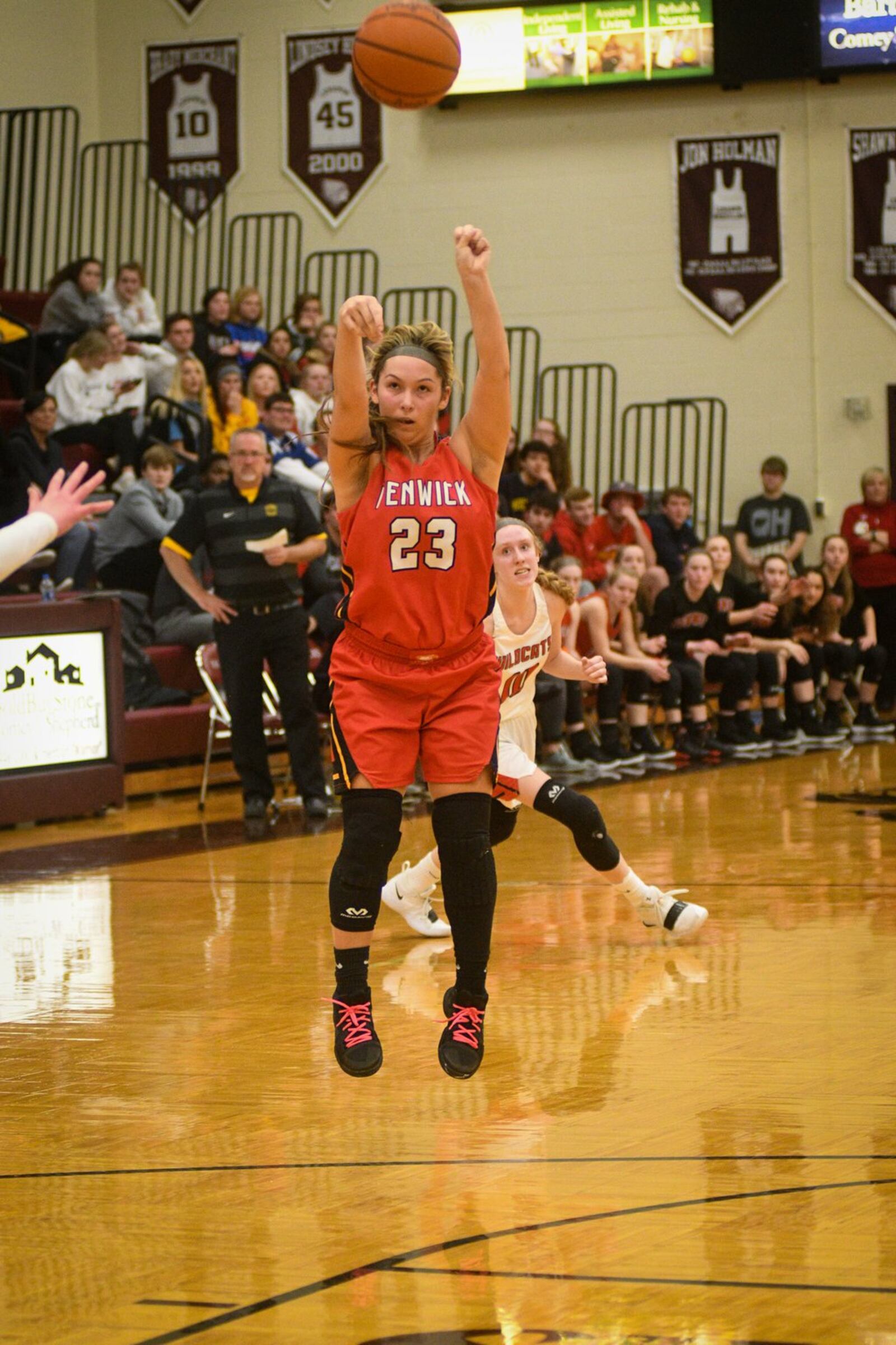 Fenwick’s Brooke Brunner (23) launches a shot during Monday night’s Division II district basketball semifinal against Franklin at Lebanon. Franklin won 47-35. ROB MCCULLEY/RAM PHOTOGRAPHY