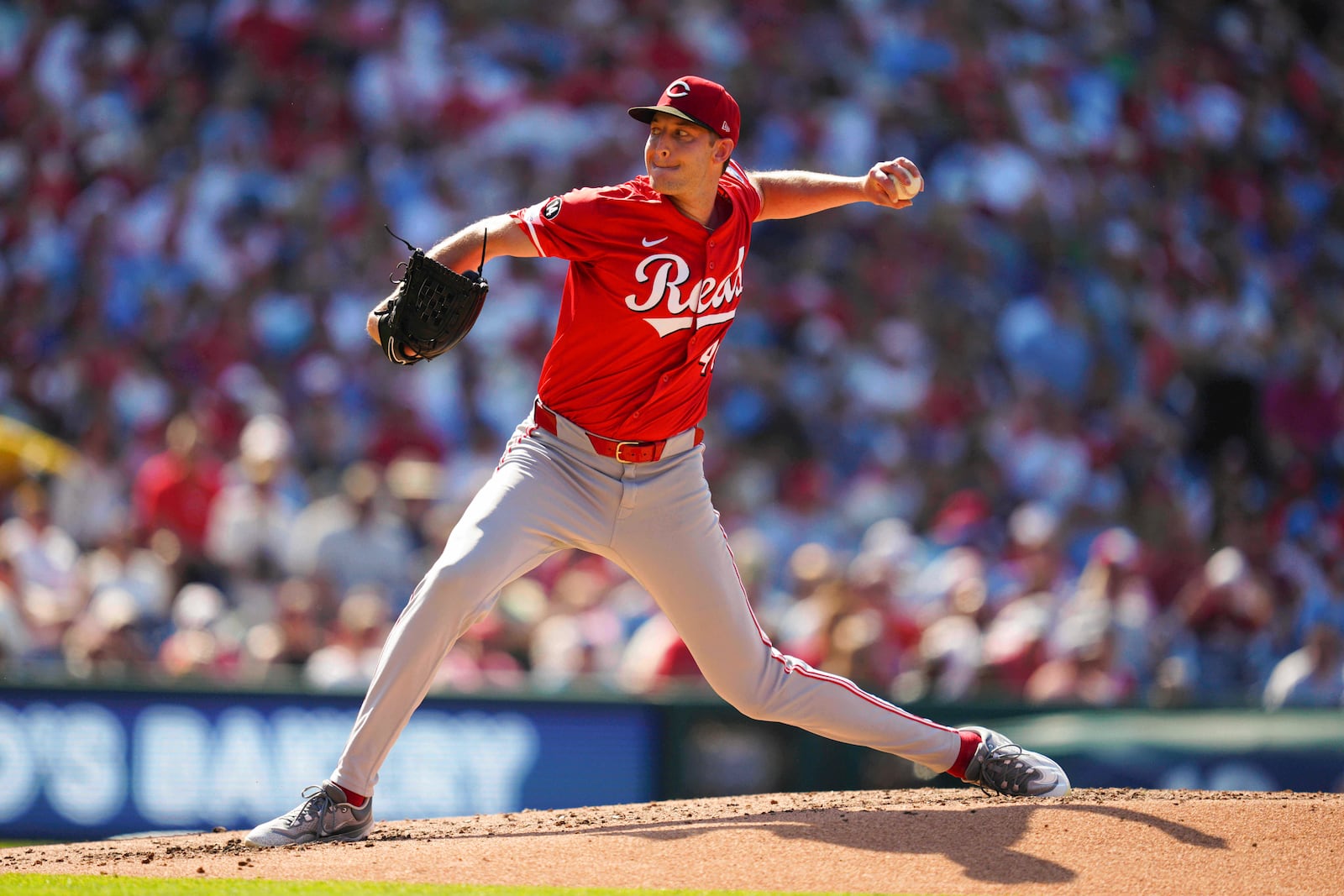 Cincinnati Reds pitcher Nick Lodolo throws during the third inning of a baseball game against the Philadelphia Phillies, Saturday, July 5, 2025, in Philadelphia. (AP Photo/Derik Hamilton)