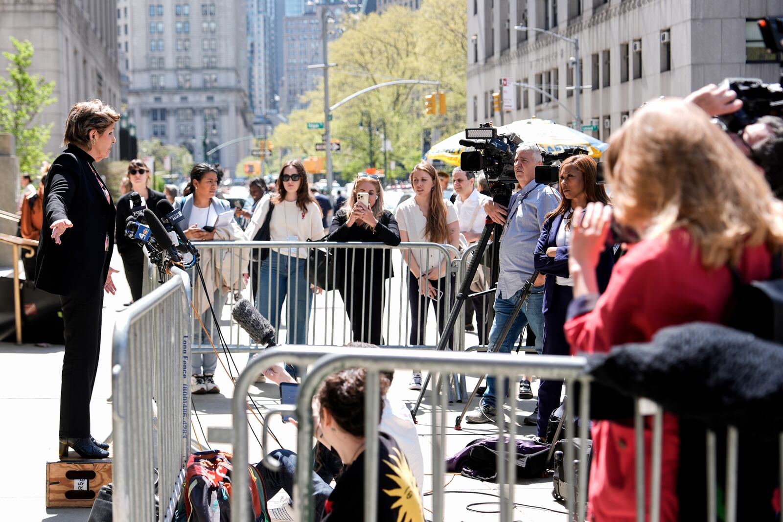 Attorney Gloria Allred speaks to reporters outside Manhattan criminal court during a break in Harvey Weinstein's retrial, Wednesday, April 23, 2025, in New York. (AP Photo/Julia Demaree Nikhinson)