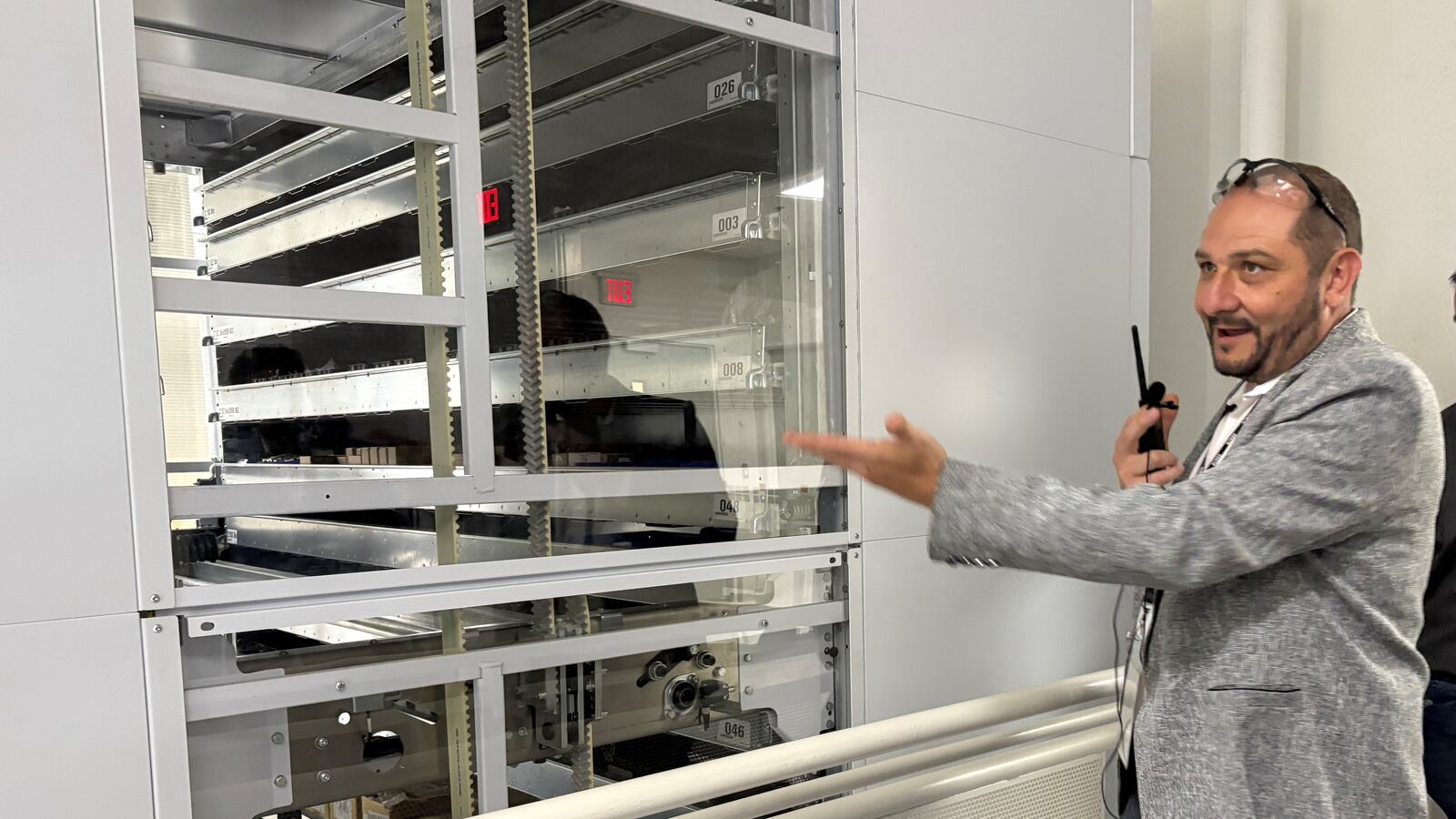 Enrico Bondi, director of operations for Franklin-based Modula USA, which manufacturers automated, vertical storage systems, led visitors on a tour Tuesday, June 3, 2025, in celebration of its groundbreaking on a more than $36 million addition to double capacity and production. JEN BALDUF/STAFF