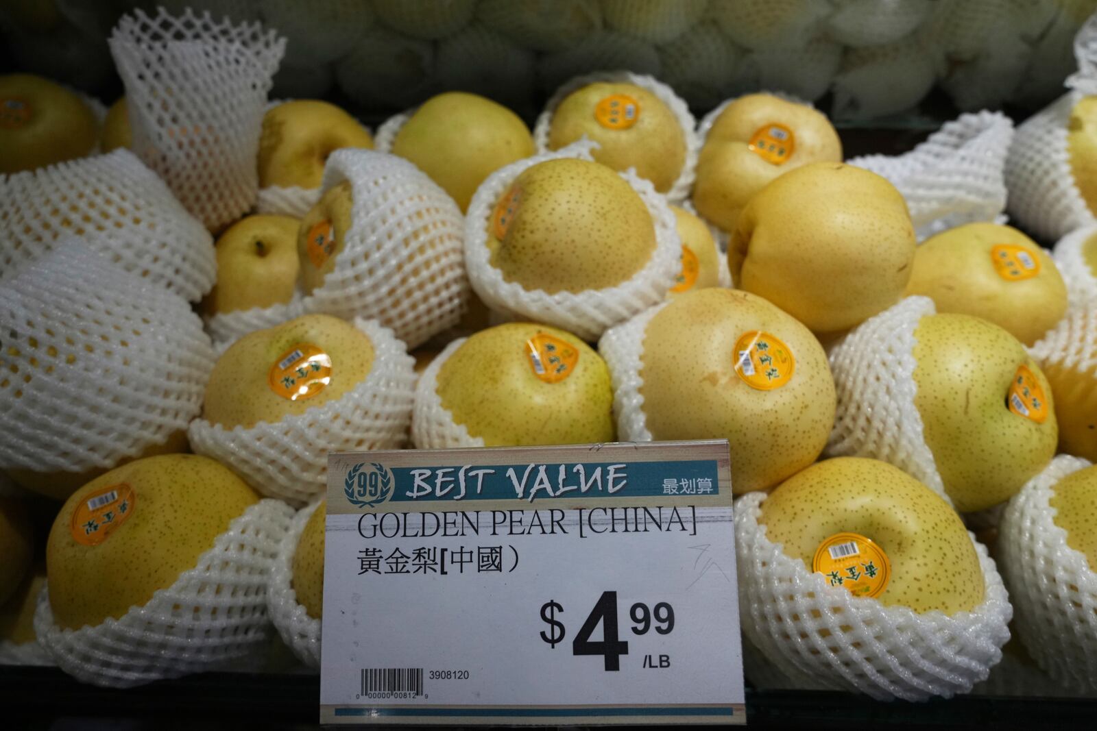 Imported Golden Pears from China are sold at 99 Ranch Market, an Asian grocery store in Los Angeles Monday, April 7, 2025. (AP Photo/Damian Dovarganes)