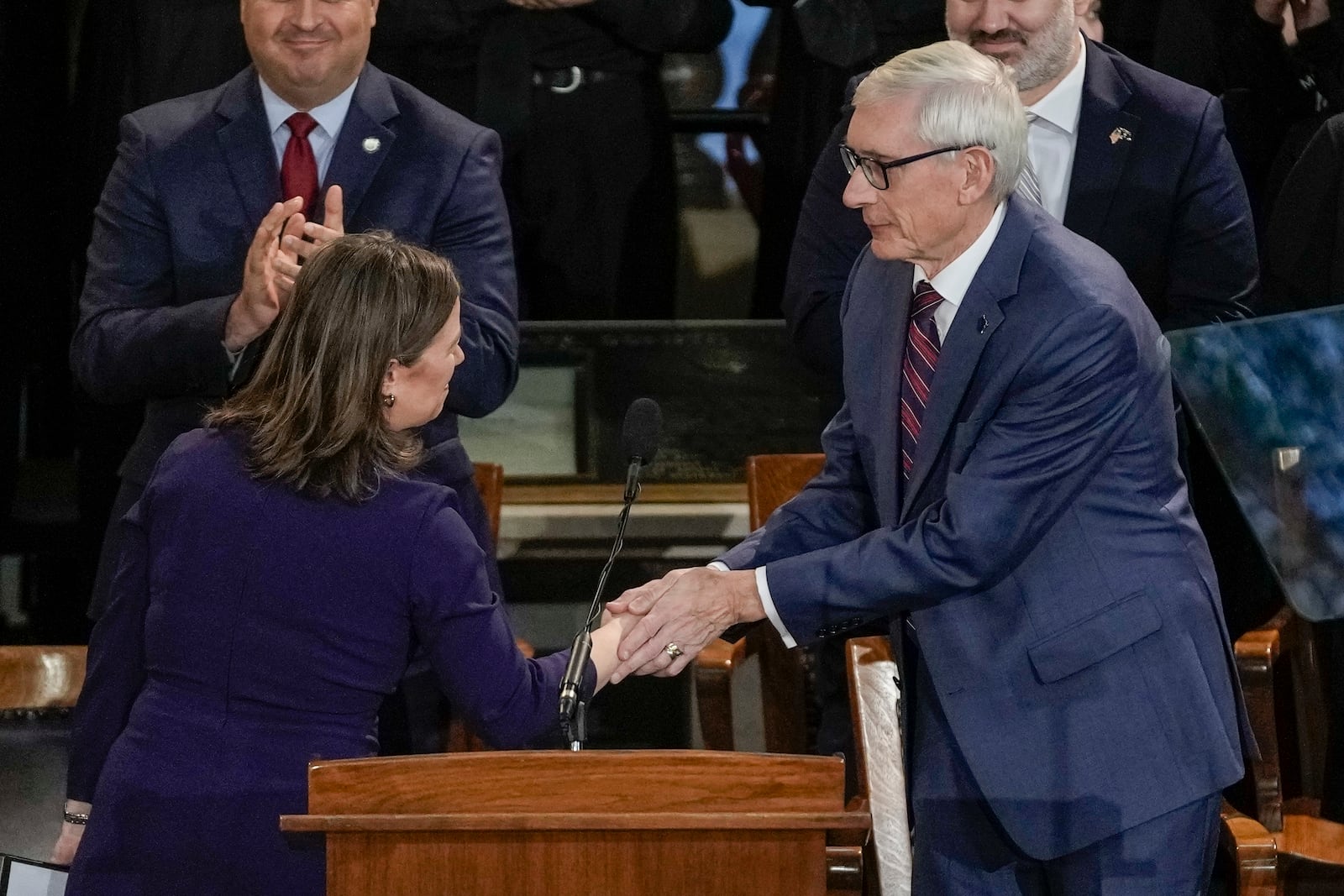 FILE - Wisconsin Gov. Tony Evers shakes hands with Lt. Gov. Sara Rodriguez at an inauguration ceremony at the Wisconsin State Capitol in Madison, Wis., Jan. 3, 2023. (AP Photo/Morry Gash, File)