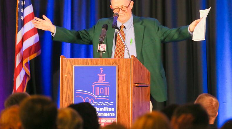 Steve Marcum accepted the 2015 Hamilton Citizen of the Year award on behalf of his parents Joe and Sarah Marcum. Nominations are now being sought for this year’s Citizen of the Year. GREG LYNCH / STAFF