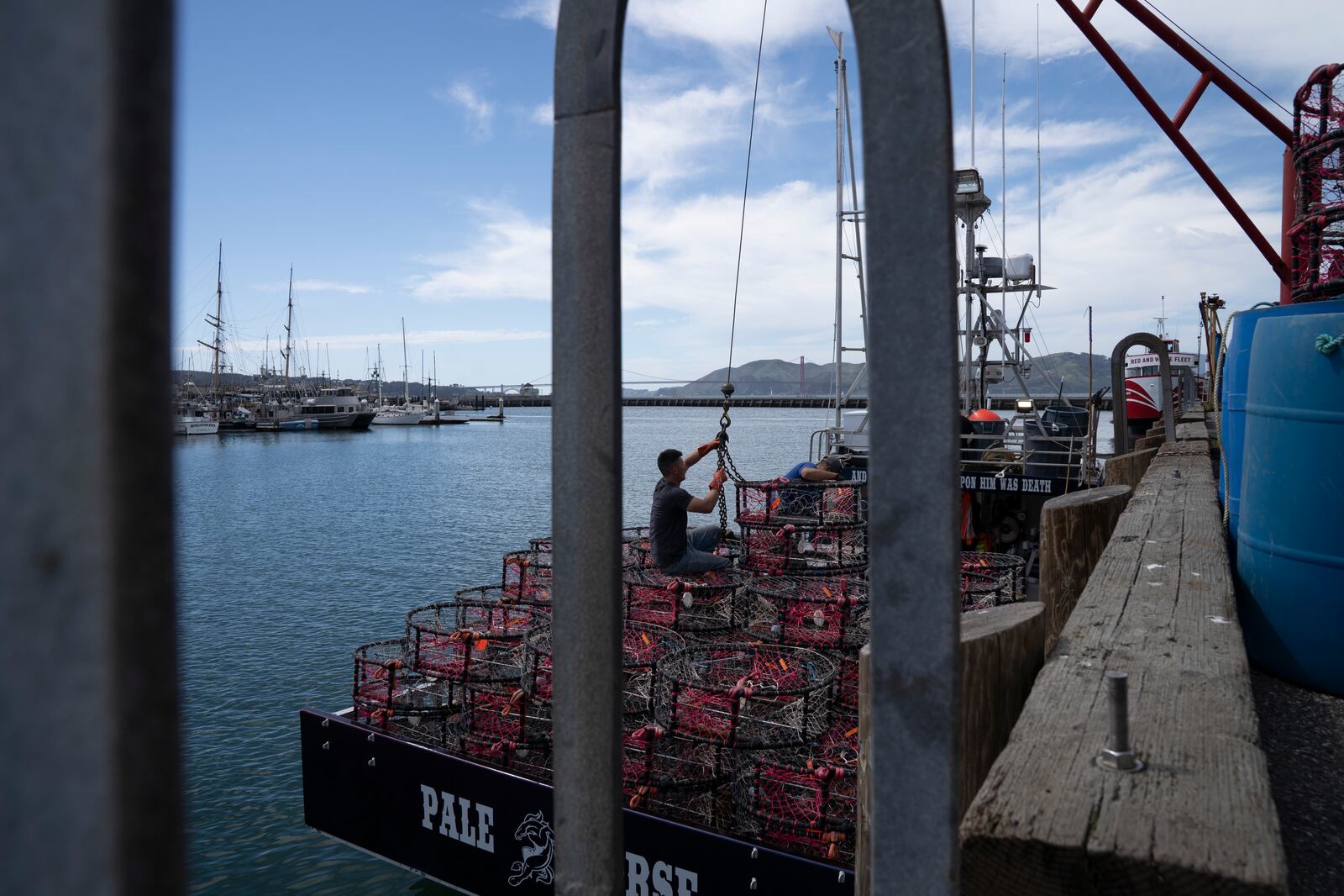 Hunter Nguyen, center right, and Jonathan Tin, load crab traps onto the boat Pale Horse at Pier 45 in San Francisco, Thursday, April 10, 2025. The boat's crew is trying out pop-up gear aimed at preventing whale entanglements. (AP Photo/Emily Steinberger)