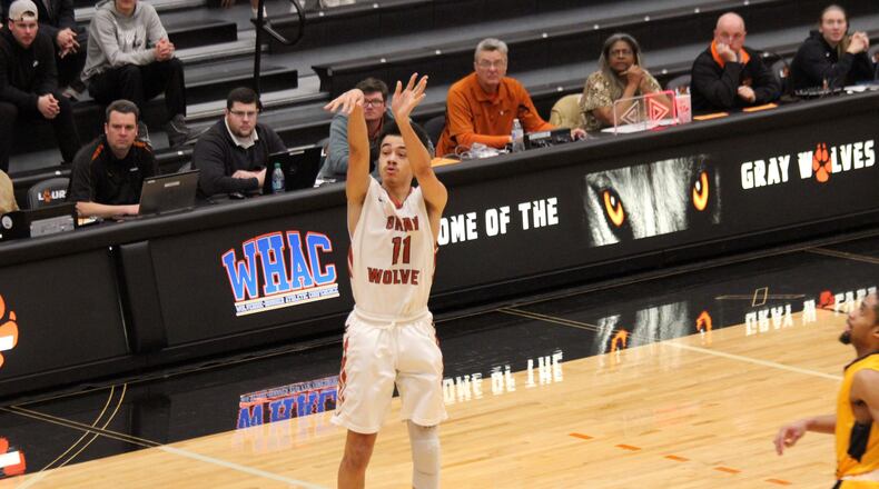 Middletown High School graduate Clif Snow is having a standout sophomore season at Lourdes University, averaging 18.5 points and 8.3 rebounds per game. PHOTO COURTESY OF LOURDES ATHLETICS