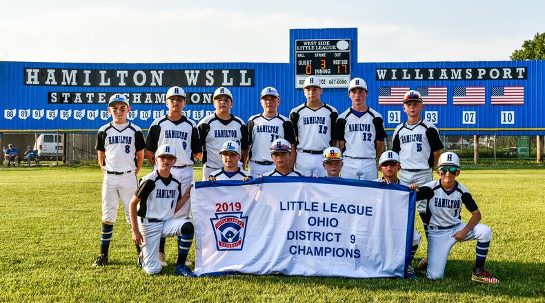 Hamilton West Side Little League 12u team defeated Anderson Township 17-0 to win the Ohio District 9 Little League Championship Wednesday, July 10, at the West Side Little League complex in Hamilton. NICK GRAHAM/STAFF