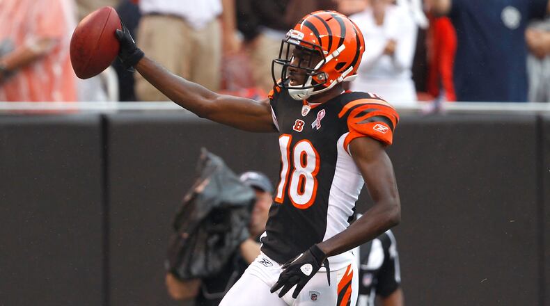 CLEVELAND, OH - SEPTEMBER 11:  Wide receiver A.J. Green #18 of the Cincinnati Bengals scores a touchdown against the Cleveland Browns at Cleveland Browns Stadium on September 11, 2011 in Cleveland, Ohio.  (Photo by Matt Sullivan/Getty Images)