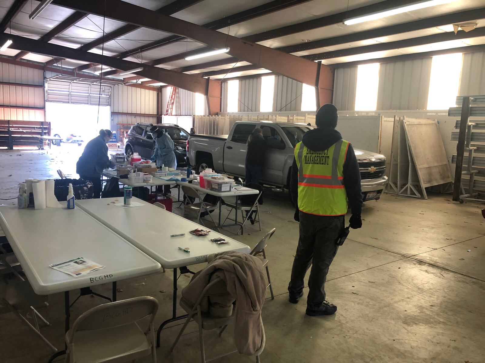 The Butler County General Health District vaccinated about 300 dental employees Friday during a drive-through vaccination inside a barn at the Butler County Fairgrounds. RICK McCRABB/STAFF