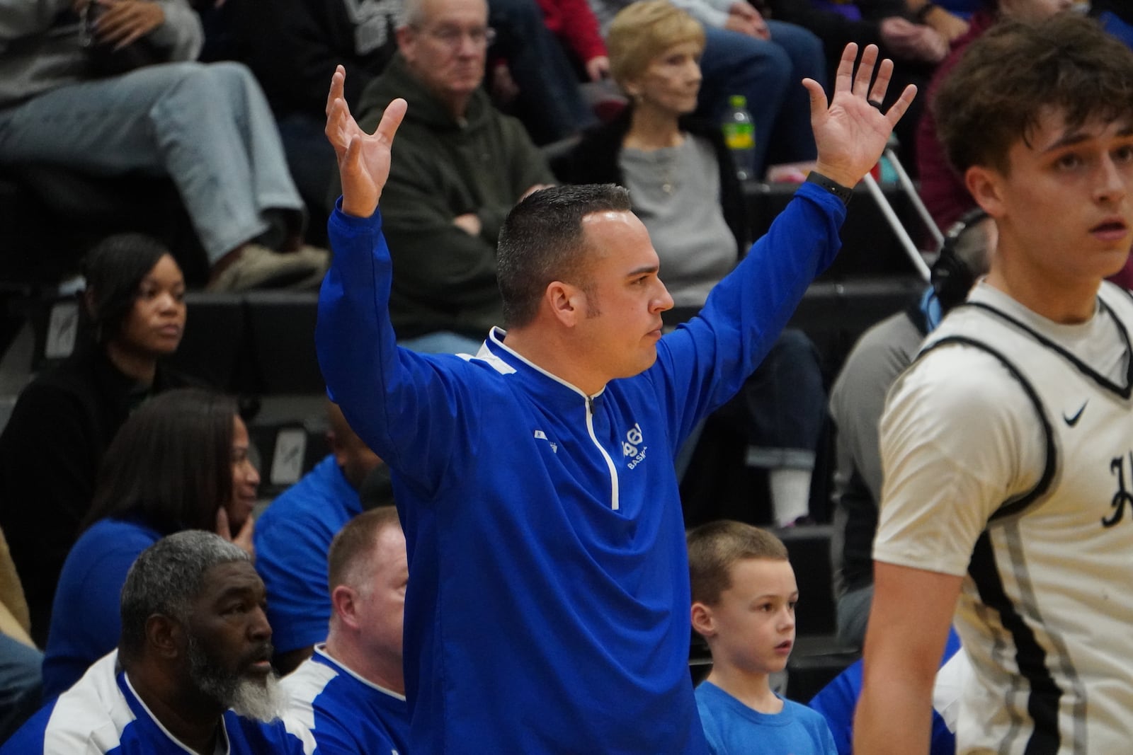 Hamilton coach Jake Turner reacts during Big Blue’s game against Lakota East on Friday night at Lakota East. CHRIS VOGT / CONTRIBUTED