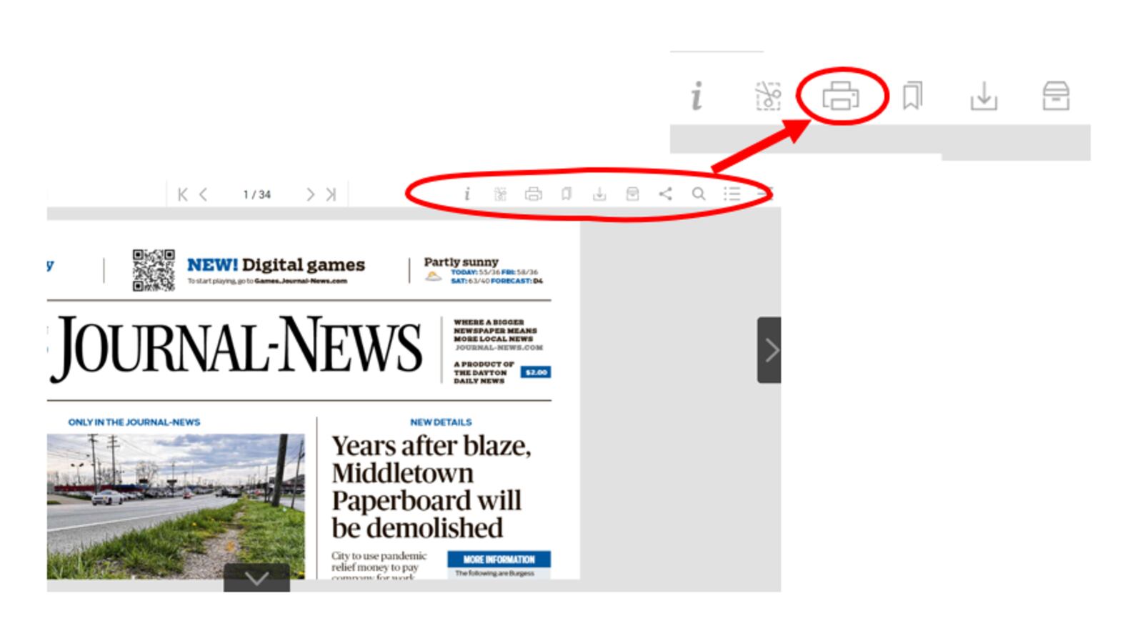 On the top of your browser screen, select the icon that looks like a computer printer to print your ePaper.