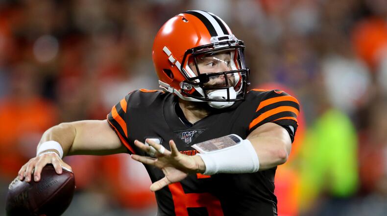 CLEVELAND, OHIO - SEPTEMBER 22: Quarterback Baker Mayfield #6 of the Cleveland Browns throws the ball against the Los Angeles Rams during the second quarter of the game at FirstEnergy Stadium on September 22, 2019 in Cleveland, Ohio. (Photo by Gregory Shamus/Getty Images)