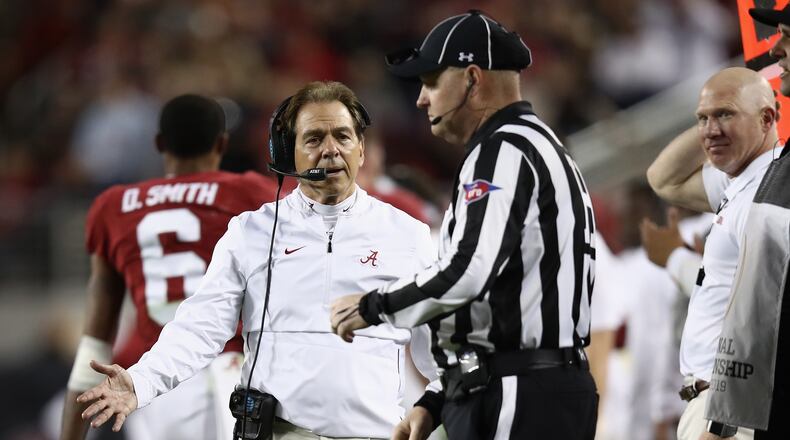 SANTA CLARA, CA - JANUARY 07:  Head coach Nick Saban of the Alabama Crimson Tide reacts to the official against the Clemson Tigersin the CFP National Championship presented by AT&T at Levi's Stadium on January 7, 2019 in Santa Clara, California.  (Photo by Ezra Shaw/Getty Images)
