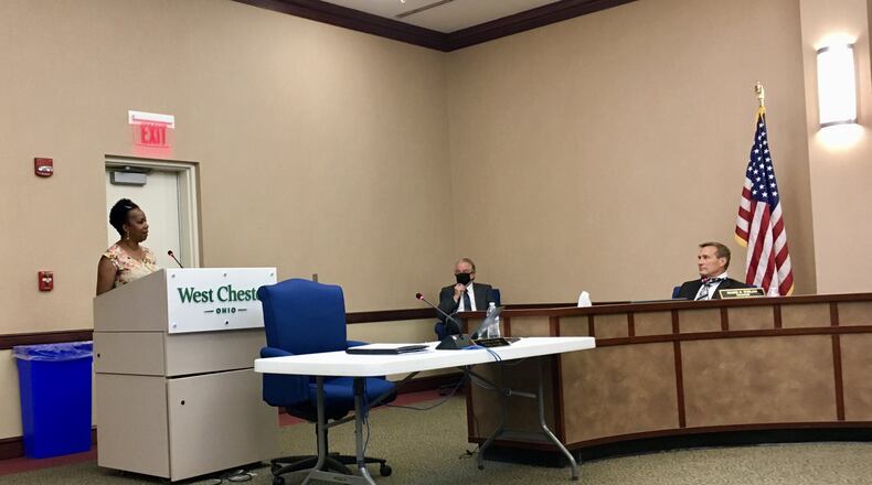 West Chester Twp. resident Yasmen Brown-Jones was the only person to address the trustees during their meeting on Tuesday, July 14, regarding the turmoil surrounding complaints against Police Chief Joel Herzog. She showed her support for the chief during the first meeting the trustees have held since the issue arose.