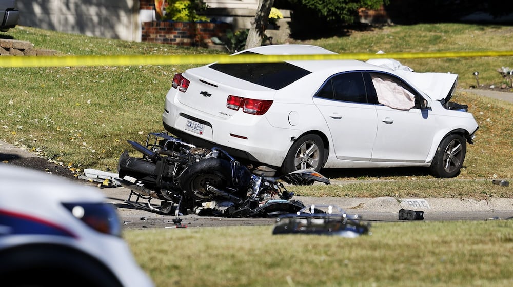 A white sedan was involved in a crash with a motorcycle on Roosevelt Boulevard in Middletown around 3 p.m. Saturday, Oct. 8, 2022. NICK GRAHAM/STAFF