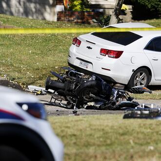 A white sedan was involved in a crash with a motorcycle on Roosevelt Boulevard in Middletown around 3 p.m. Saturday, Oct. 8, 2022. NICK GRAHAM/STAFF