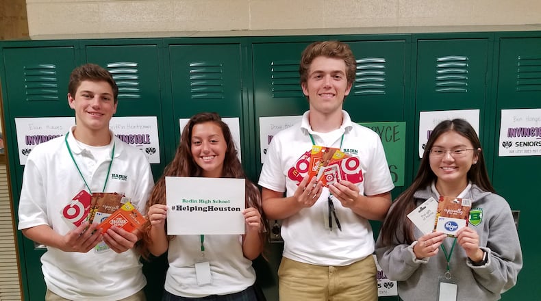 Badin High School seniors who played a role in the “Helping Houston” effort included (from left) Sam Mathews, Allie Browning, Jordan Flaig and Abby Bond. CONTRIBUTED