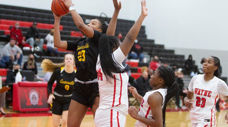 Centerville's Cotie McMahon scores in the lane during the second half of the Elks' 66-64 victory at Wayne on Thursday night. McMahon scored 17 points. Jeff Gilbert/CONTRIBUTED